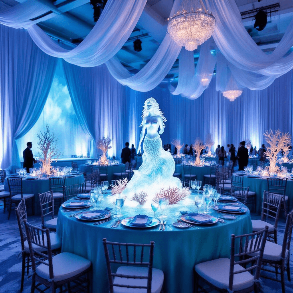 Ultimate Guide to Creating the Perfect Pool Party Flyer: Make a Splash with Your Design! A grand indoor ballroom transformed into an underwater wonderland for a corporate summer gala, featuring soft blue lighting, sheer billowing curtains, ombré table linens, coral-inspired centerpieces, an ice sculpture of a mermaid, and waitstaff in shimmering costumes serving ocean-blue cocktails.