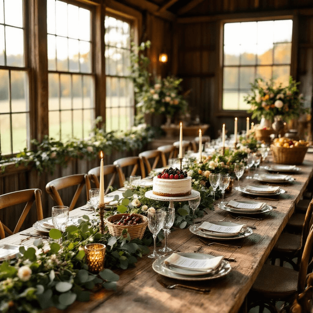 Ultimate Guide to Creating the Perfect Pool Party Flyer: Make a Splash with Your Design! A beautifully transformed rustic barn interior for a chic farm-to-table harvest dinner, featuring long wooden tables set with mismatched vintage china and crystal goblets, adorned with lush garlands of eucalyptus and wildflowers, mercury glass votives, and fresh produce, all bathed in warm golden light from large windows. A dessert station showcases a naked cake with fresh figs and blackberries, alongside jars of local honey and homemade preserves, captured from a slightly elevated angle.