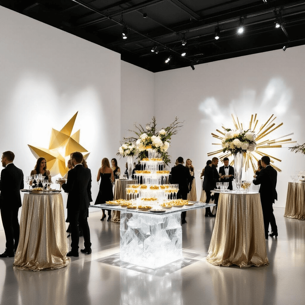 Ultimate Guide to Creating the Perfect Pool Party Flyer: Make a Splash with Your Design! A glamorous New Year's Eve cocktail party in a modern art gallery with dramatic lighting, sleek high-top tables adorned with metallic linens and floral arrangements, a central champagne tower, guests in black-tie attire mingling near ice sculptures and interactive art, captured in a low-angle shot emphasizing light, shadow, and reflections.
