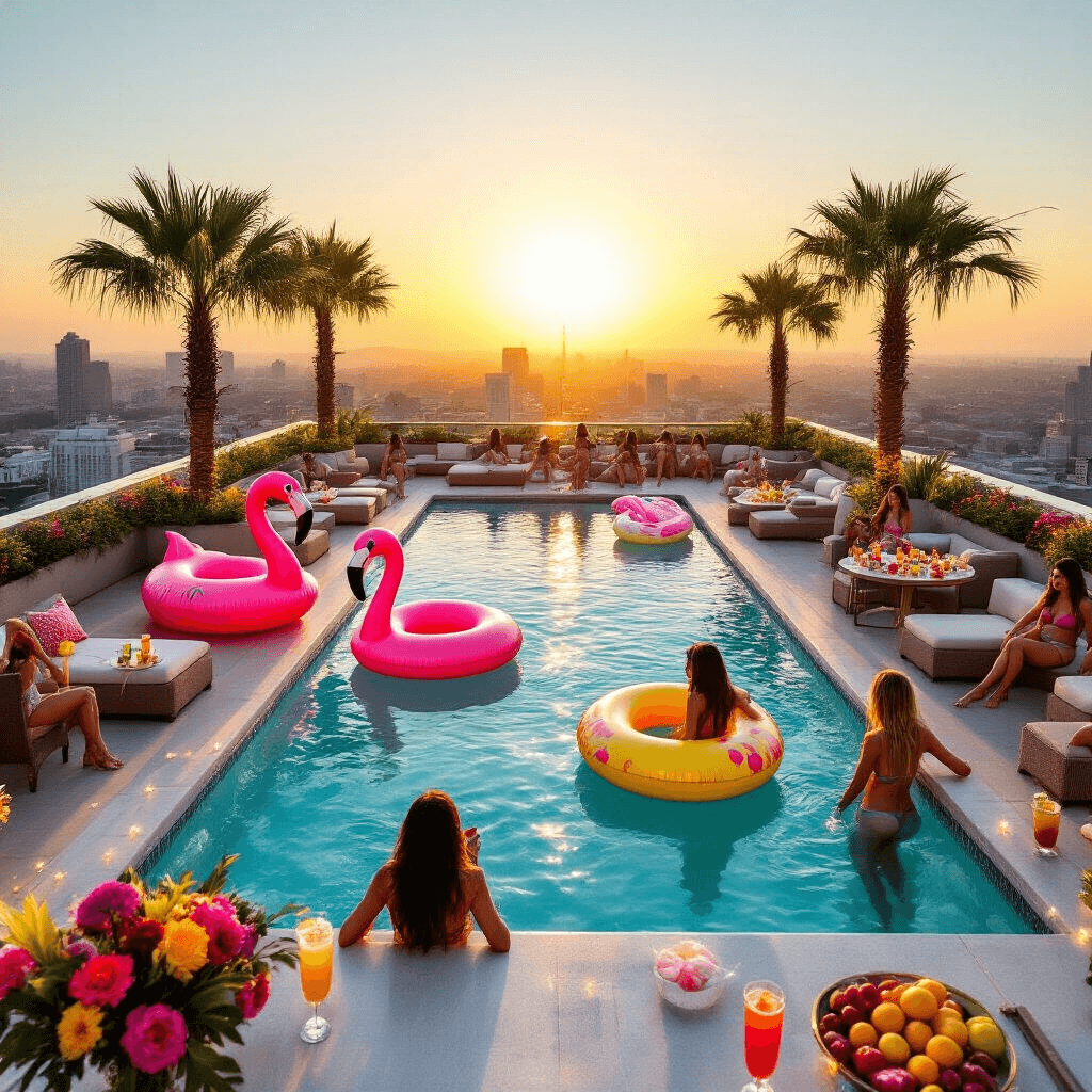 Como Criar uma Pool Party de 15 Anos Incrível e Instagramável A vibrant rooftop pool party at golden hour, featuring an infinity pool with colorful inflatables, chic lounge areas, tropical decor, and teens in stylish swimwear posing against the city skyline as fairy lights twinkle.