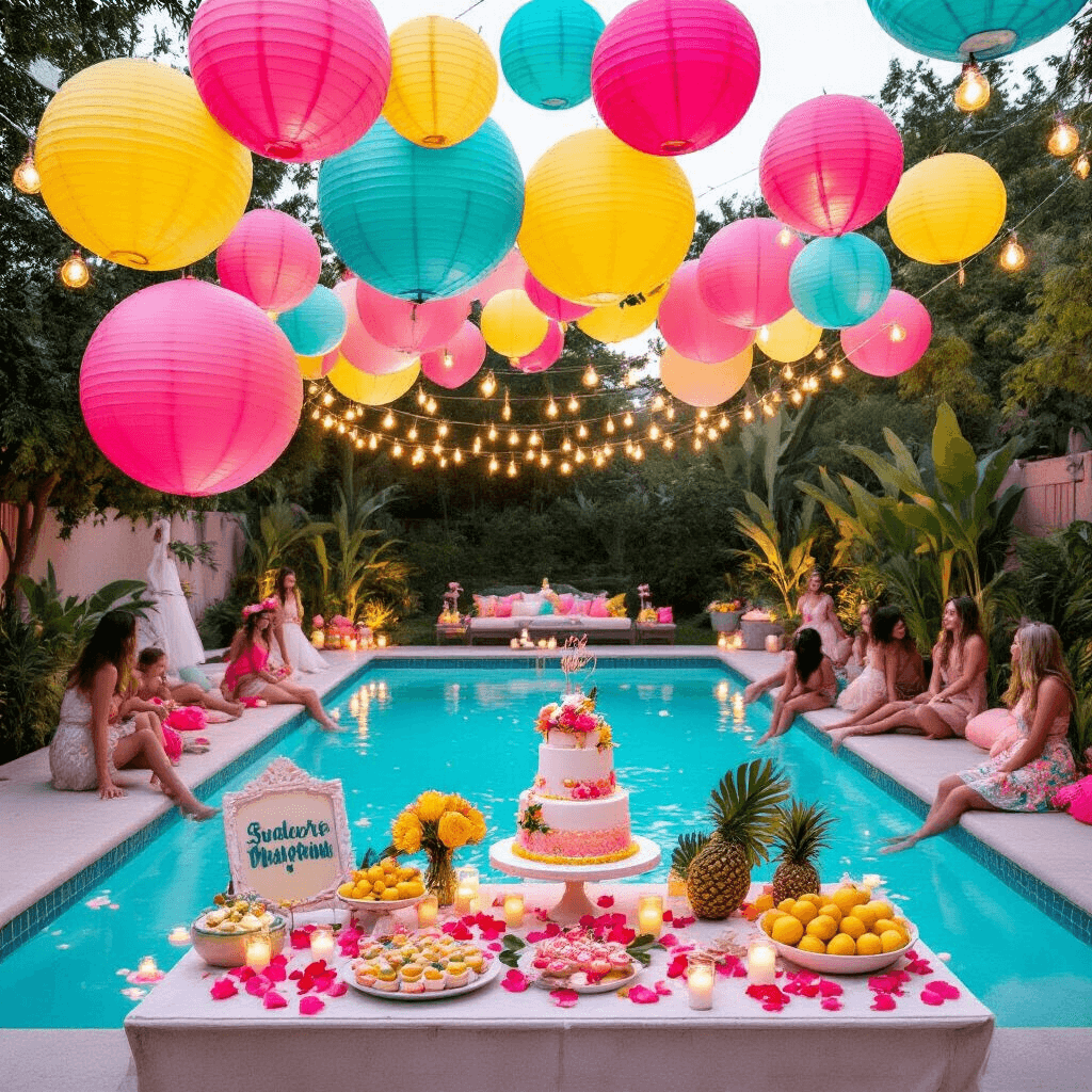 Como Criar uma Pool Party de 15 Anos Incrível e Instagramável A whimsical quinceañera pool celebration featuring a vibrant palette of neon pink, sunny yellow, and turquoise. The space includes oversized balloons, paper lanterns, and handmade signage. A sparkling pool adorned with floating candles and flower petals is surrounded by teens enjoying a dessert table with a tiered cake and tropical fruits, with string lights overhead as dusk approaches.