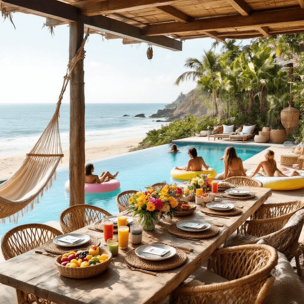 Como Criar uma Pool Party de 15 Anos Incrível e Instagramável A beachfront pool party featuring an infinity pool, rustic wood decor, woven hammocks, a brunch table with flowers and smoothie bowls, and teens lounging on oversized floats, all bathed in soft morning light.