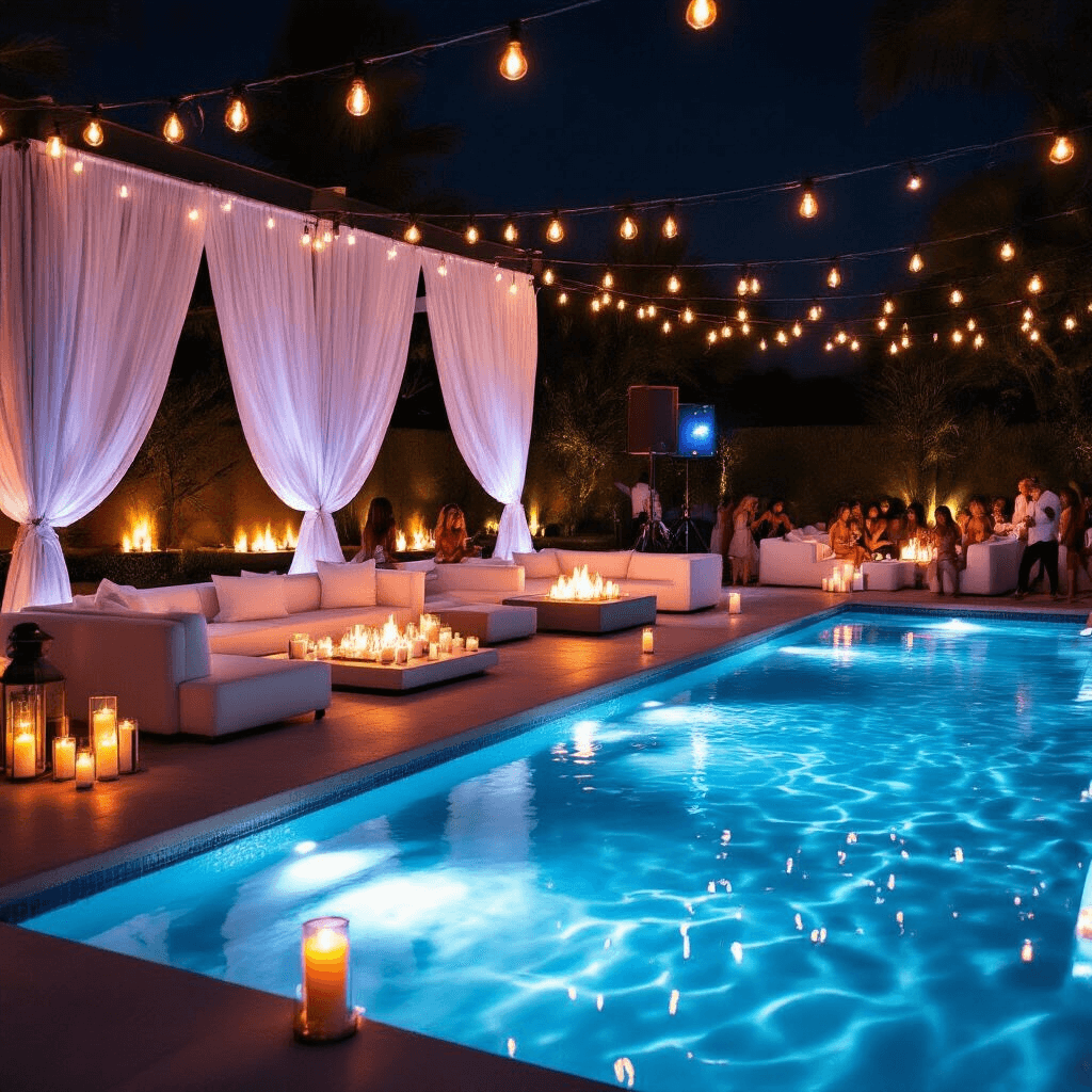 Como Criar uma Pool Party de 15 Anos Incrível e Instagramável A chic nighttime pool party with floating candles, submerged LED lights, sheer white drapes, and Edison bulbs. Elegant white lounge furniture surrounds fire pits, while a vibrant DJ booth energizes the scene. Waiters serve gourmet hors d'oeuvres and mocktails. Teens pose in a mirrored photo booth as the ethereal blue pool casts rippling reflections.