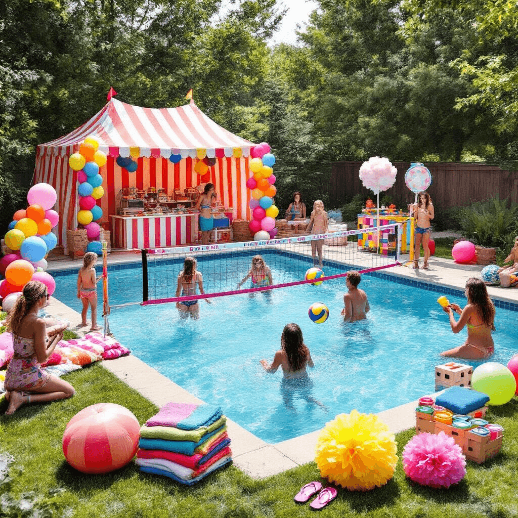 Como Criar uma Pool Party de 15 Anos Incrível e Instagramável A lively daytime pool party filled with bright colors, featuring a pool surrounded by balloons and pom-poms, a gelato bar in a striped tent, oversized lawn games, teens playing volleyball in the water, and a splash zone with water guns for fun photo opportunities.