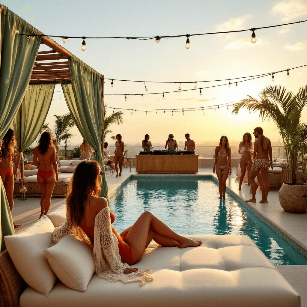2025 Pool Party Outfit Guide: Slay Your Swimwear Look A vibrant rooftop terrace pool party during golden hour, featuring a diverse group of stylish guests around a sleek infinity pool. In the foreground, a woman lounges on a cream daybed in a terracotta one-piece and sheer crochet cardigan. Sage green cabanas with sheer curtains provide shade, while a bamboo DJ booth and potted palms add to the tropical ambiance. Fairy lights overhead cast a warm glow, enhancing the festive atmosphere as the sun sets.