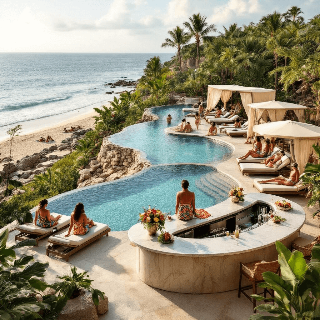 2025 Pool Party Outfit Guide: Slay Your Swimwear Look Aerial view of a luxurious beachfront pool club with cascading infinity pools, surrounded by lush landscaping, guests in stylish outfits, a central marble bar with flowers, and intimate cabanas under string lights.