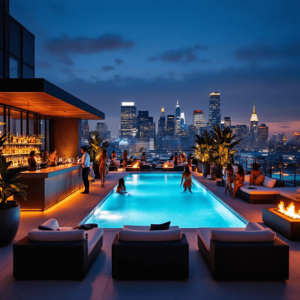 2025 Pool Party Outfit Guide: Slay Your Swimwear Look A vibrant urban rooftop pool scene at night featuring a glowing pool surrounded by modern lounge furniture, guests in stylish resort wear mingling near a polished concrete bar, oversized potted plants providing natural dividers, and a DJ spinning tracks as partygoers dance by the pool's edge under dynamic lighting.