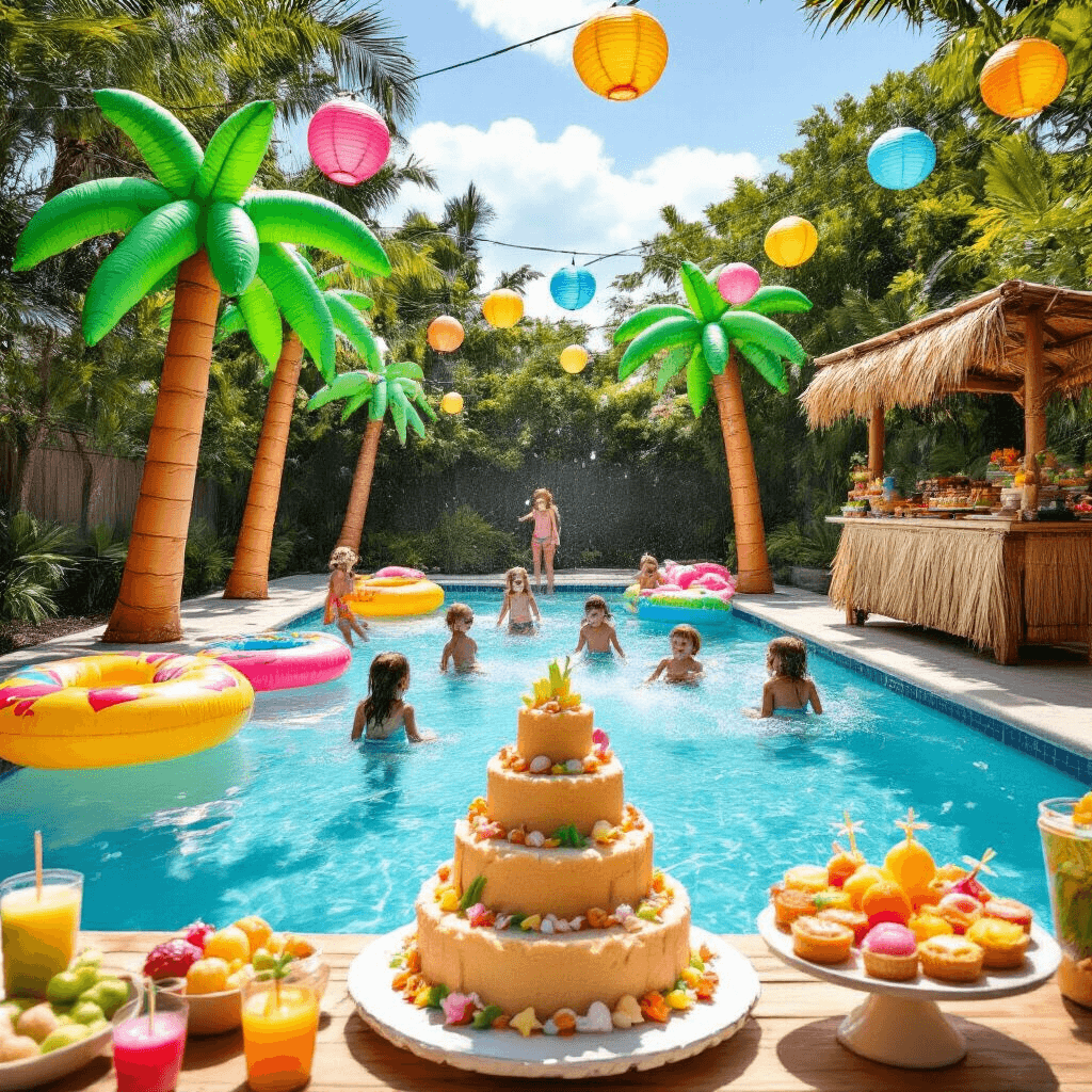 Ultimate Guide to Throwing an Unforgettable Kids Pool Party: Fun, Safe, and Instagram-Worthy! A vibrant backyard pool party scene featuring children playing in an azure pool surrounded by inflatable palm trees and colorful floats, with a tiki-style snack bar, paper lanterns overhead, and a sandcastle-themed tiered cake in the foreground.