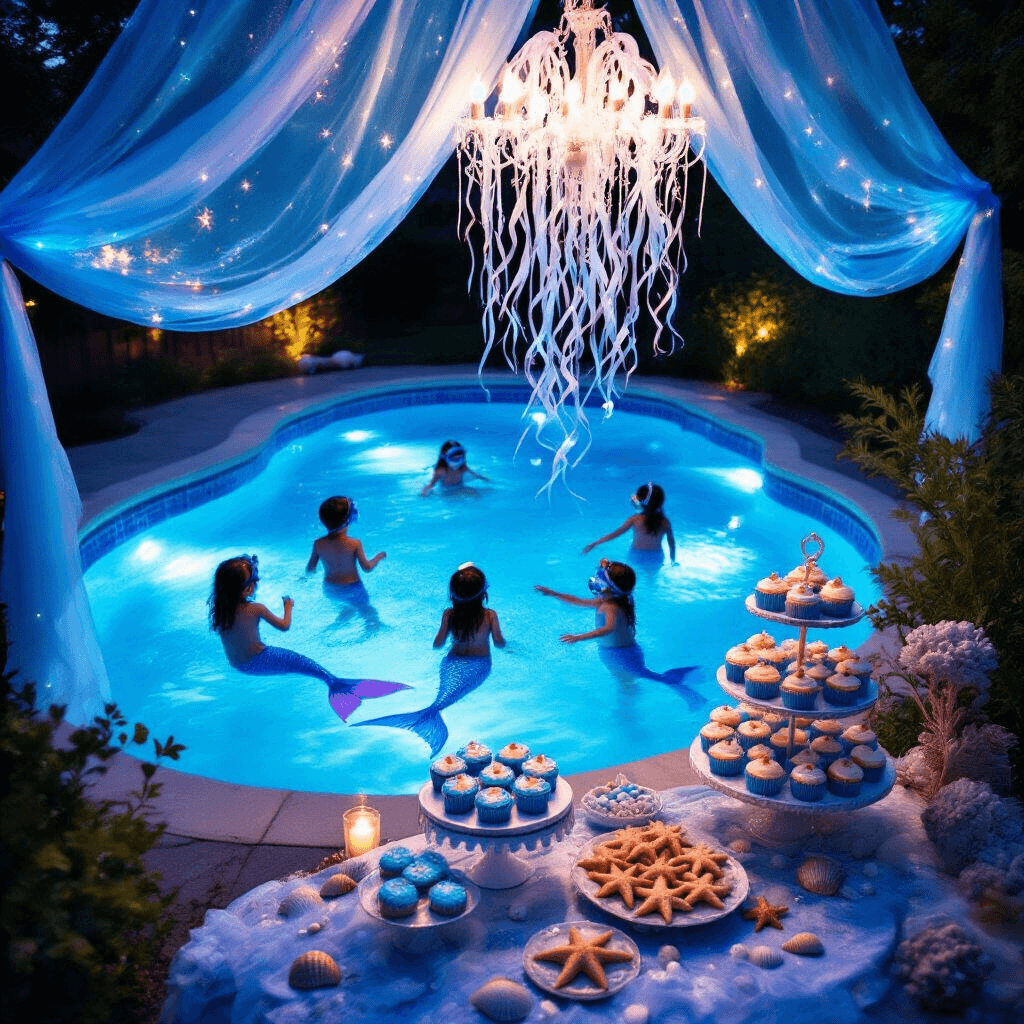 Ultimate Guide to Throwing an Unforgettable Kids Pool Party: Fun, Safe, and Instagram-Worthy! An enchanting twilight backyard pool party featuring children in mermaid tails splashing in a blue-lit pool, surrounded by shimmering wave-like fabric, iridescent bubbles, and a grand dessert cart with ocean-themed treats, all enhanced by seashells and faux coral decorations.