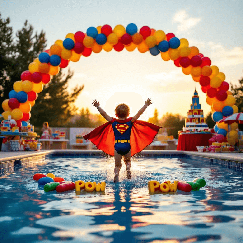 Ultimate Guide to Throwing an Unforgettable Kids Pool Party: Fun, Safe, and Instagram-Worthy! A child in a superhero cape performs a cannonball into a pool during golden hour, silhouetted against the sunset. The pool's edge is decorated with vibrant superhero logo towels, while a balloon arch in primary colors adds a festive touch. In the background, a buffet table displays themed snacks and a city skyline cake, and colorful pool noodles spell out 'POW!' on the water's surface.