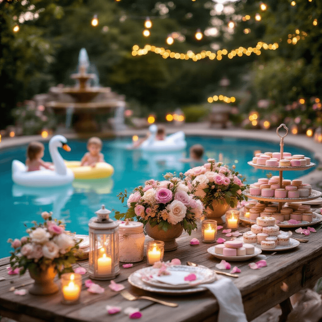 Ultimate Guide to Throwing an Unforgettable Kids Pool Party: Fun, Safe, and Instagram-Worthy! An enchanting evening pool party featuring a rustic wooden table adorned with vintage place settings, twinkling tea lights, and floral centerpieces, with softly blurred string lights and reflections on the water. Children float on swan-shaped inflatables, while a dessert cart offers pastel macarons, mason jar trifles, and a floral cake, all surrounded by scattered rose petals and glowing lanterns.