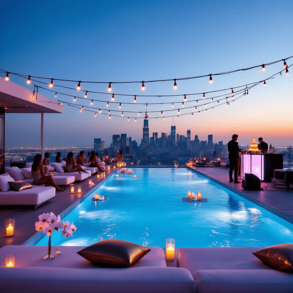 Stunning Night Pool Party: The Ultimate Guide to Creating Magical Evening Pool Vibes A luxurious rooftop pool party at dusk, featuring an infinity pool blending with the city skyline, illuminated by soft blue underwater lights, floating candles, and orchid blooms. Guests relax on sleek white lounge furniture with metallic pillows, under warm string lights, with a DJ booth and a sparkling champagne tower nearby.