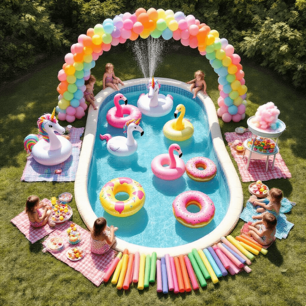 Stunning Night Pool Party: The Ultimate Guide to Creating Magical Evening Pool Vibes An overhead view of a whimsical children's pool party, featuring a kidney-shaped pool filled with colorful inflatables like unicorns and flamingos, surrounded by a rainbow balloon arch, picnic blankets with treats, a cotton candy machine, and excited kids enjoying the festivities.