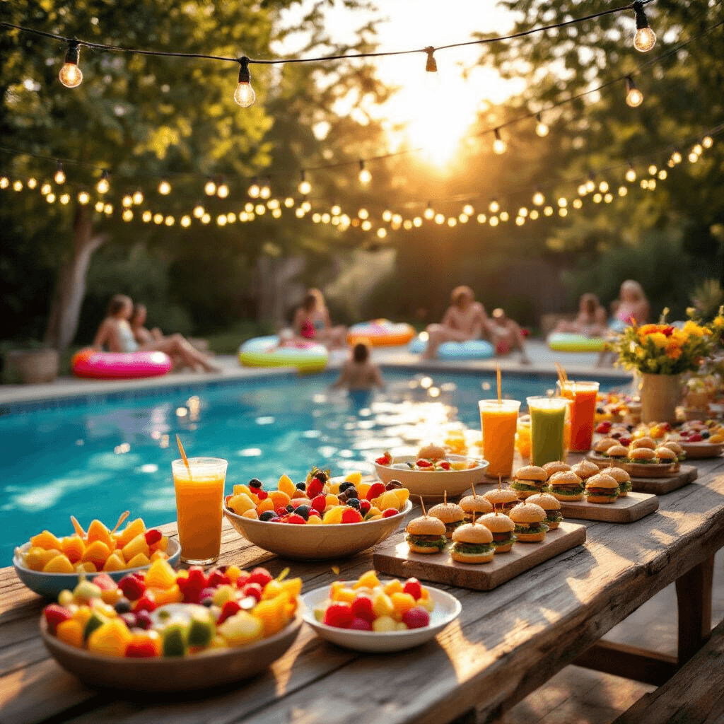 Ultimate Pool Party Food Guide: Delicious Eats for Splash-Tastic Fun A vibrant backyard pool party at golden hour, featuring a rustic wooden table with colorful fruit skewers, mini sliders, and smoothie bowls, surrounded by fairy lights. Guests relax on bright pool floats, with sunlight glistening on the pool water and creating a festive atmosphere.