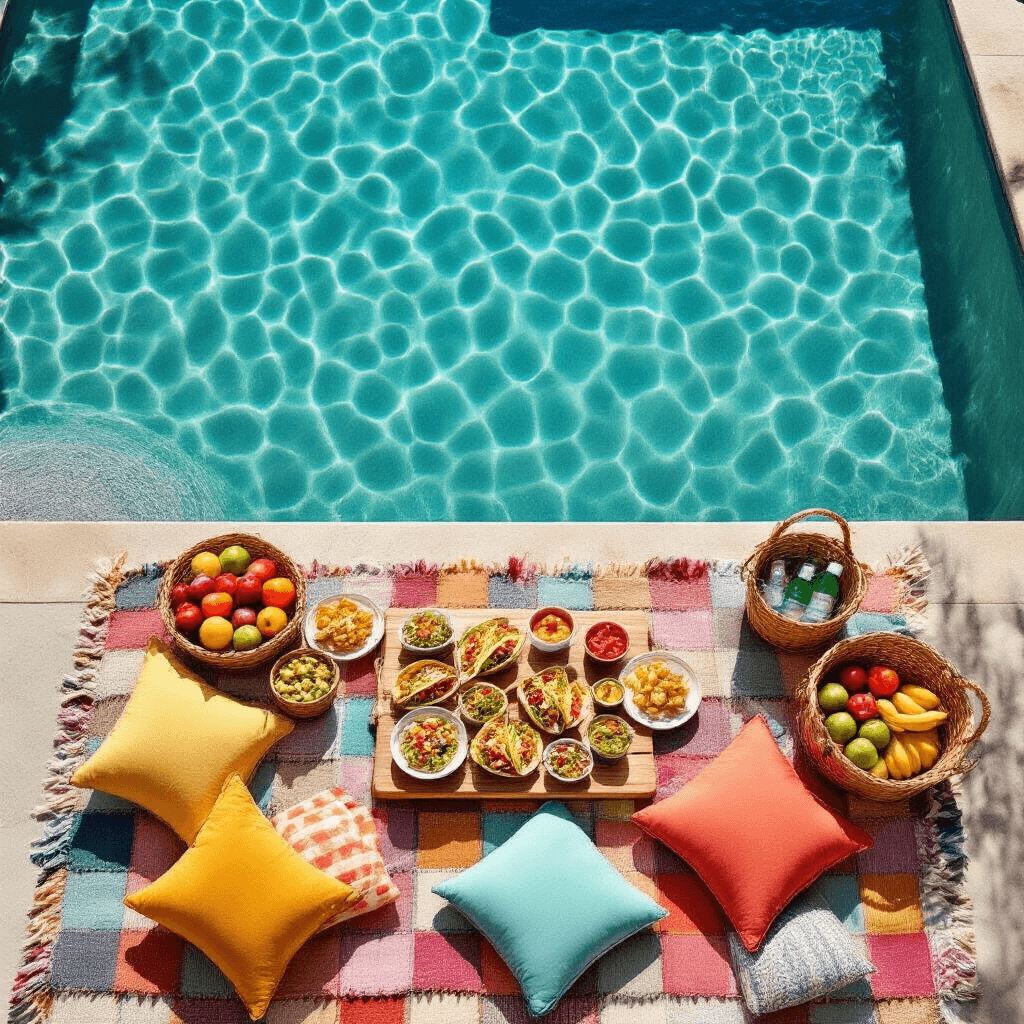 Ultimate Pool Party Food Guide: Delicious Eats for Splash-Tastic Fun An overhead view of an elegant picnic setup beside a clear pool, featuring colorful blankets, plush cushions, and a spread of bite-sized foods, fresh fruits, and chilled drinks.
