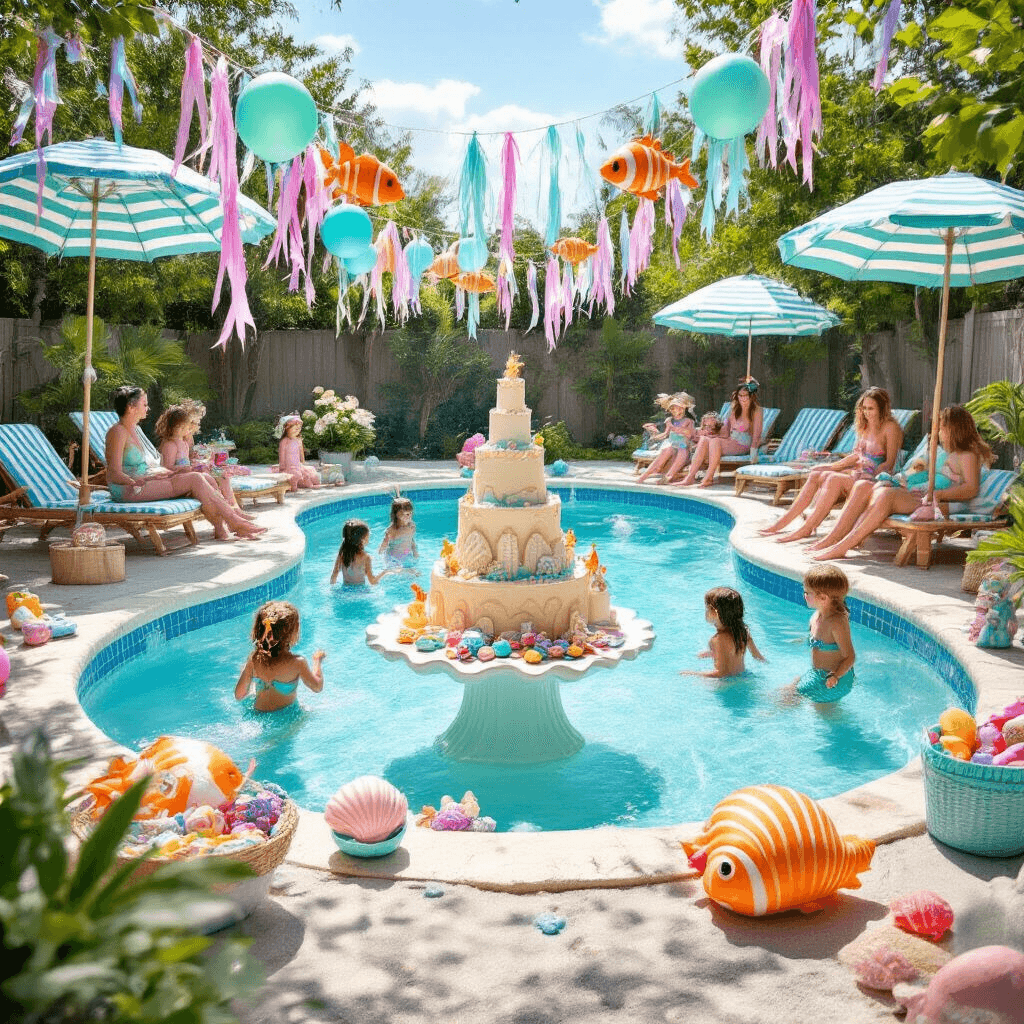 Splash into the Ultimate Pool Party: Your Go-To Guide for Unforgettable Summer Fun A whimsical mermaid-themed children's pool party featuring a kidney-shaped pool decorated with iridescent streamers and fish-shaped balloons, children in colorful mermaid tails and pirate costumes splashing in the shallow end, a grand sandcastle cake on a shell-shaped stand, a treasure chest overflowing with toys, and parents relaxing under striped beach umbrellas, all set in a dreamy sea-inspired backdrop.
