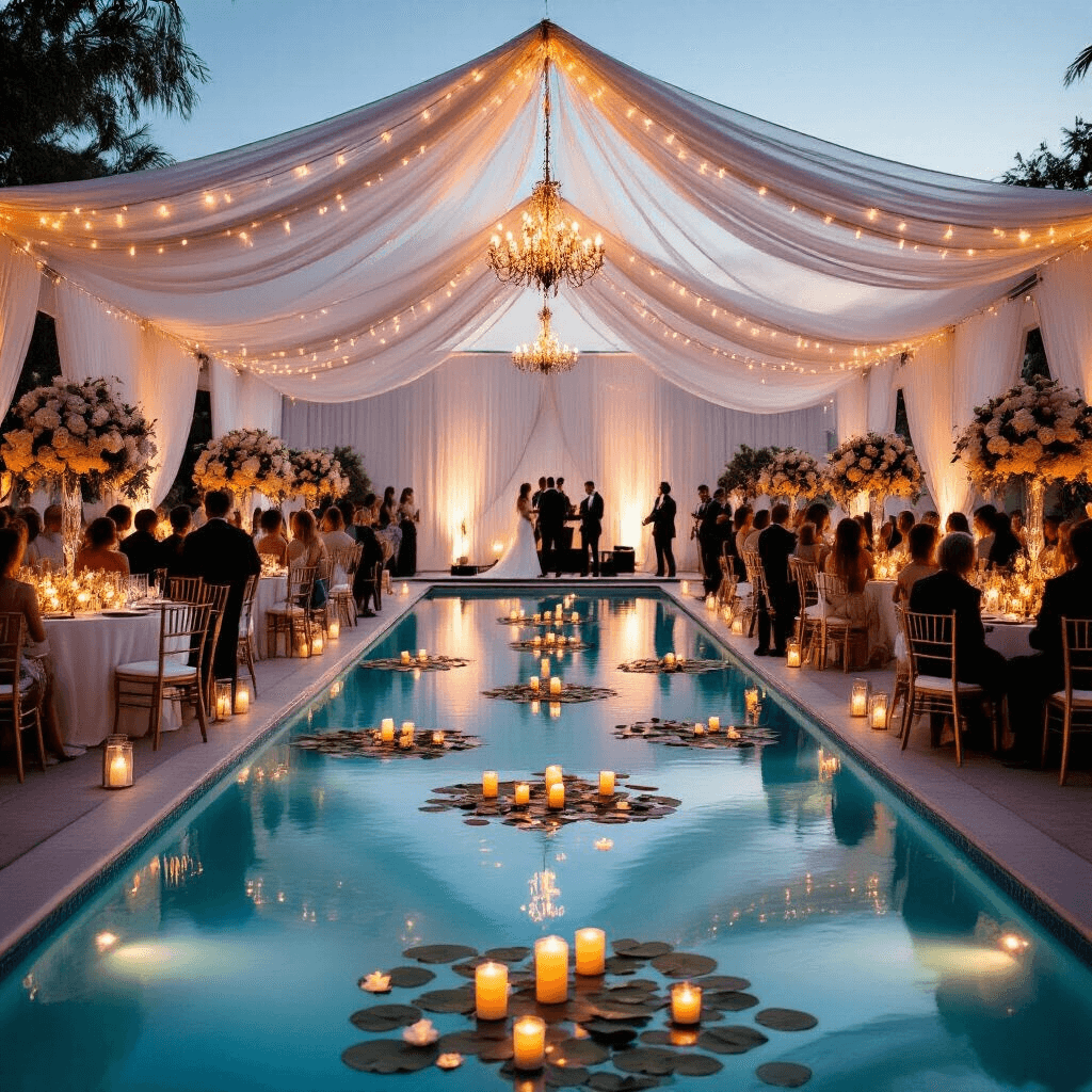 Splash into the Ultimate Pool Party: Your Go-To Guide for Unforgettable Summer Fun An elegant poolside wedding reception at twilight, featuring floating candles and lily pads in a long rectangular pool, adorned with white drapery and fairy lights. Round tables with blush and cream floral centerpieces surround the pool, while guests in formal attire mingle by the shimmering water, illuminated by warm lighting as a live band plays on a dance floor in the background.