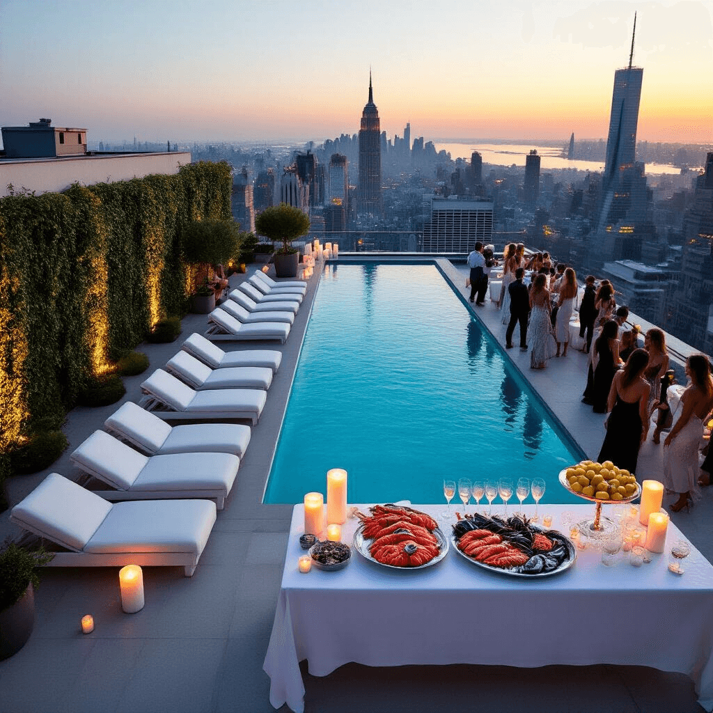 Ultimate Pool Party Content Creation Guide: Your Blueprint for Instagram-Worthy Summer Fun An elegant rooftop pool party at dusk, featuring a sleek infinity pool, minimalist white lounge chairs, and clusters of oversized candles. Guests in cocktail attire mingle near a seafood display and a champagne tower, with city skyline reflections in the water and soft jazz in the background.
