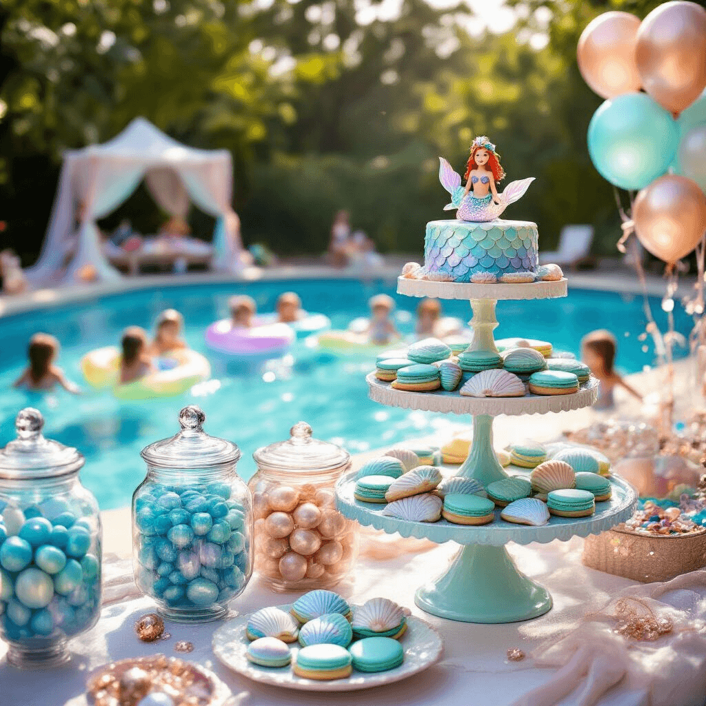 Ultimate Pool Party Content Creation Guide: Your Blueprint for Instagram-Worthy Summer Fun A whimsical mermaid-themed pool party featuring an elaborate dessert table with iridescent 'scale' cookies and seashell macarons, jars of blue and green candies, children splashing in the pool with colorful mermaid tail floats, draped shimmering fabric, scattered rose gold balloons, pearlescent streamers, a glittery face-painting station, and a treasure chest overflowing with costume jewelry and plastic gems.