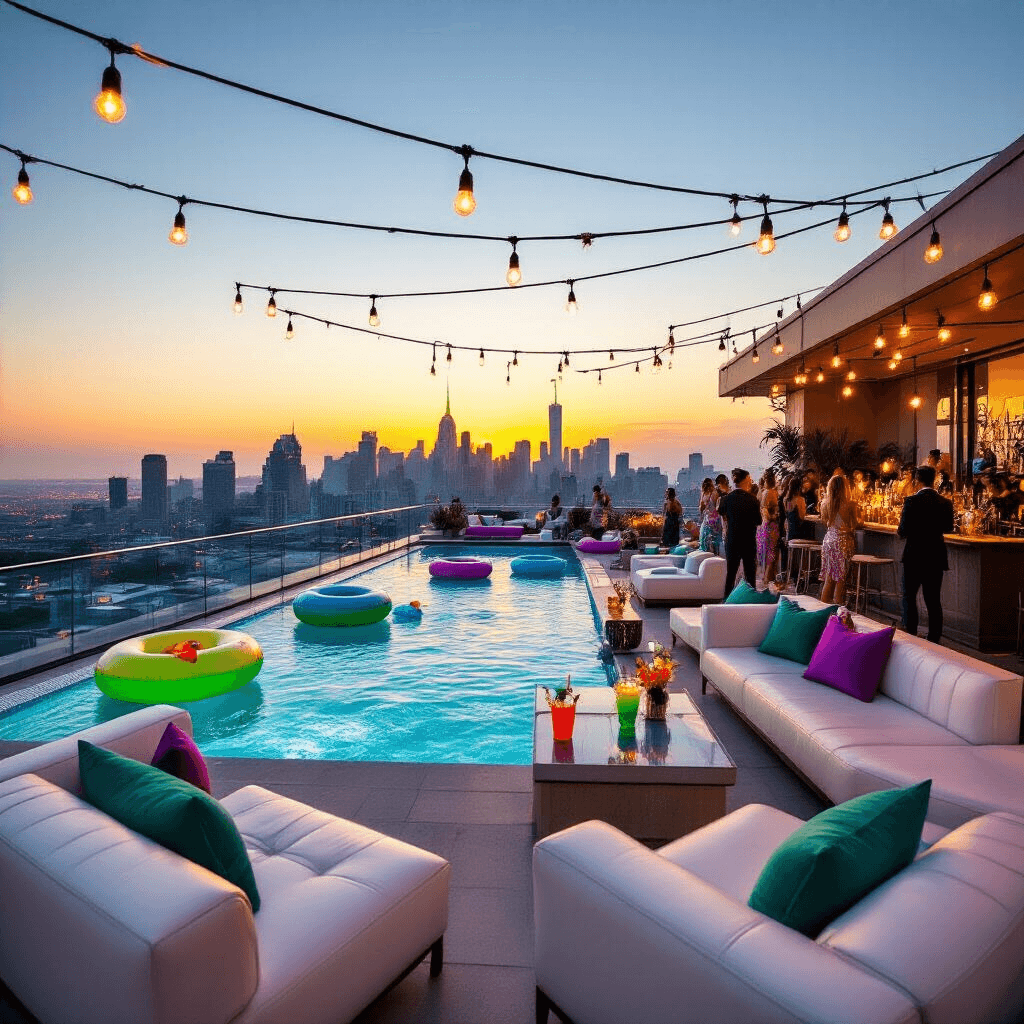 Ultimate Adult Pool Party: Your Complete Guide to Hosting an Unforgettable Bash A luxurious rooftop terrace pool party during golden hour, featuring an infinity pool overlooking a city skyline, floating bar stations, tropical inflatables, white leather sofas with vibrant throw pillows, string lights overhead, guests enjoying colorful cocktails near a DJ booth, all in jewel tones of emerald green, sapphire blue, and amethyst purple.