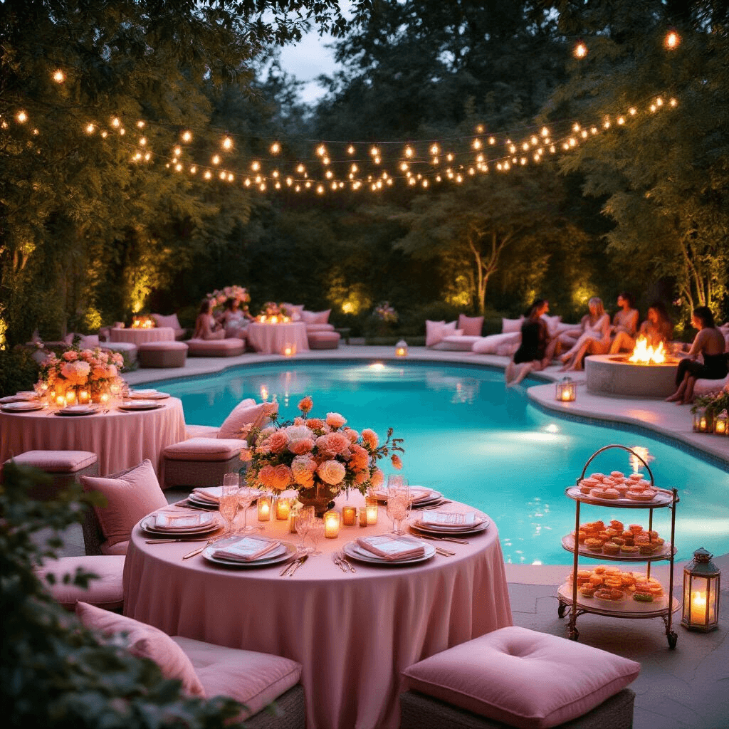 Ultimate Adult Pool Party: Your Complete Guide to Hosting an Unforgettable Bash An intimate backyard pool setting at dusk, illuminated by soft fairy lights, featuring round tables with blush pink linens and floral centerpieces, a dessert cart with pastel treats, guests lounging on velvet cushions, and a fire pit surrounded by warm lantern light.