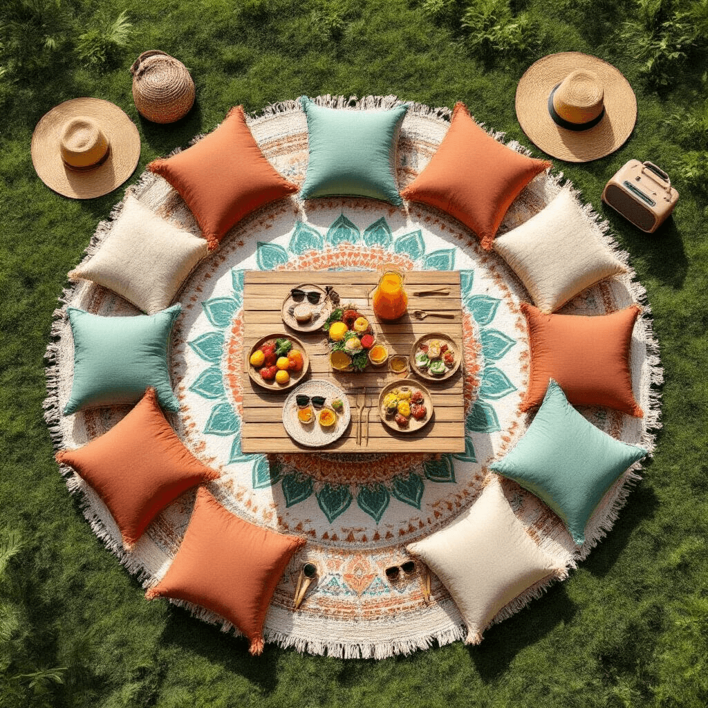 Ultimate Adult Pool Party: Your Complete Guide to Hosting an Unforgettable Bash An overhead view of a poolside picnic with a mandala beach towel, surrounded by floor cushions in earthy colors, a low wooden table set with bamboo plates and gold cutlery, colorful tapas dishes, fresh fruits, and a pitcher of sangria, along with sunglasses, sun hats, and a portable speaker.