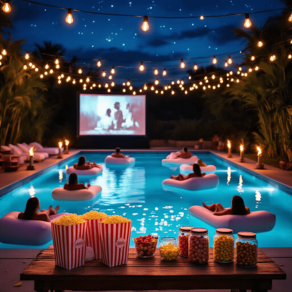 Ultimate Adult Pool Party: Your Complete Guide to Hosting an Unforgettable Bash A nighttime pool setting featuring a floating cinema, with pastel-colored inflatable loungers occupied by guests, a large screen playing a classic film, tiki torches illuminating the pool's edge, a rustic wooden snack bar with popcorn and candy, and strings of Edison bulbs overhead creating a whimsical atmosphere.