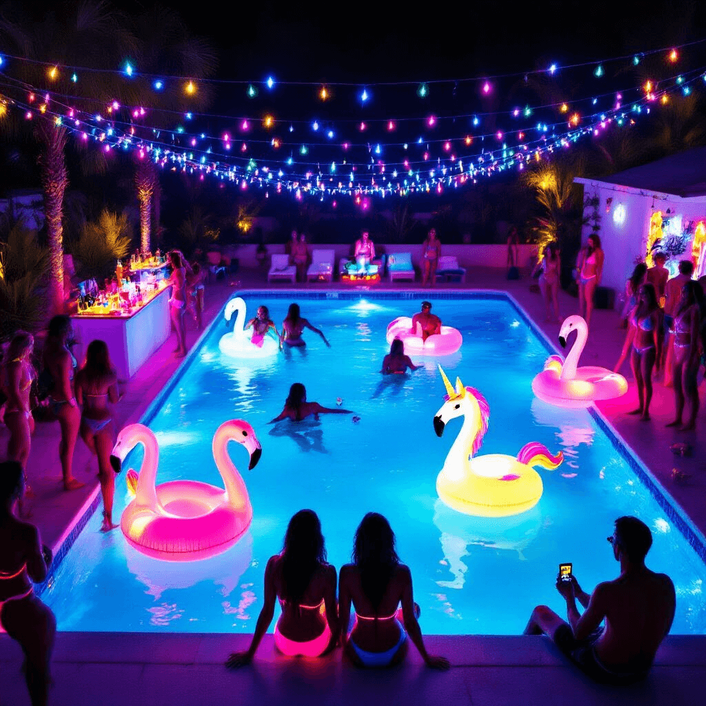 Ultimate Neon Pool Party Guide: How to Throw a Glowing Bash That Sizzles! A vibrant nighttime pool party scene viewed from above, featuring illuminated blue water, partygoers in neon swimwear, glowing inflatable flamingos and unicorns, a neon drink station, a colorful DJ booth, and fairy lights overhead, with a group taking a selfie in a neon-framed photo booth.
