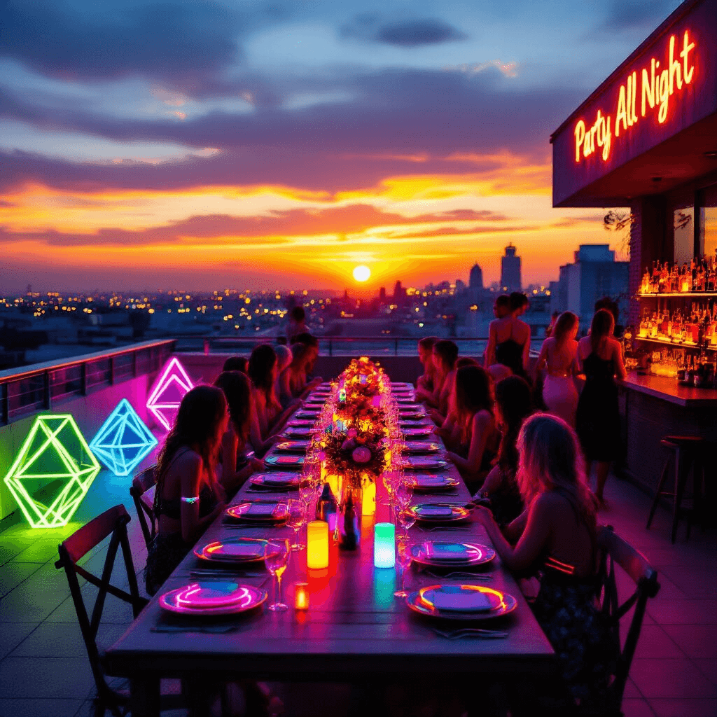 Ultimate Neon Pool Party Guide: How to Throw a Glowing Bash That Sizzles! An intimate rooftop terrace at golden hour, transformed into a neon wonderland with a long dinner table adorned with electric colors and glowing centerpieces. Guests in glow-in-the-dark accessories socialize under blacklights, surrounded by illuminated geometric sculptures and a vibrant bar area. Neon signage reading 'Party All Night' and distant city lights create a magical atmosphere.
