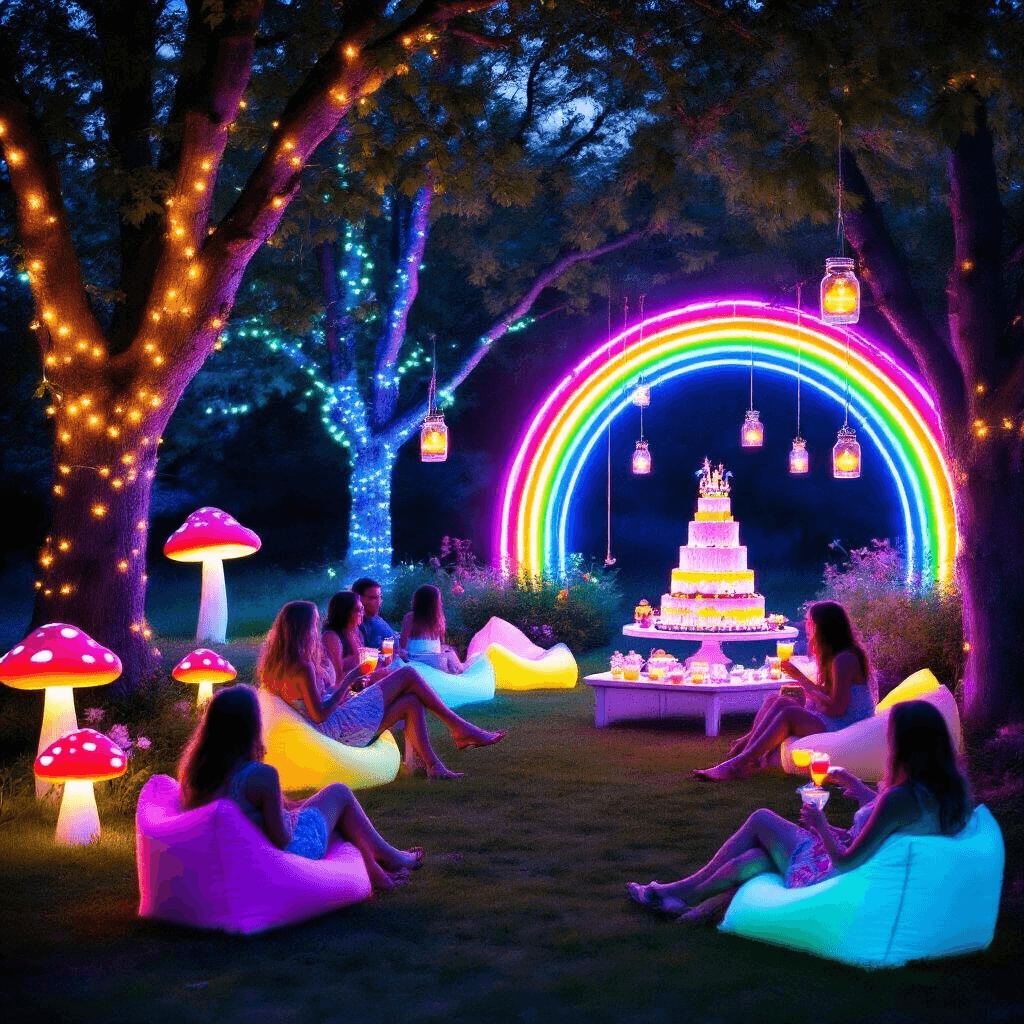 Ultimate Neon Pool Party Guide: How to Throw a Glowing Bash That Sizzles! A whimsical backyard garden party at blue hour, featuring colorful LED-lit trees, illuminated toadstools and flowers, twinkling firefly lights in mason jars, a glowing dessert table with neon-frosted treats, guests on glow-in-the-dark seating, color-changing cocktails under UV light, and a giant neon rainbow arch surrounded by soft mist.