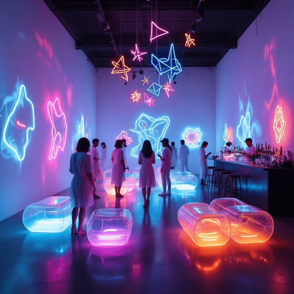 Ultimate Neon Pool Party Guide: How to Throw a Glowing Bash That Sizzles! An avant-garde indoor neon art gallery party featuring guests in all-white attire moving through laser light curtains, with projected neon artworks on stark white walls, geometric neon sculptures casting colorful shadows, a central bar with mixologists crafting smoky cocktails, transparent inflatable furniture illuminated by LEDs, and a live artist bending glass tubes into glowing shapes, all under a ceiling adorned with hanging neon shapes.