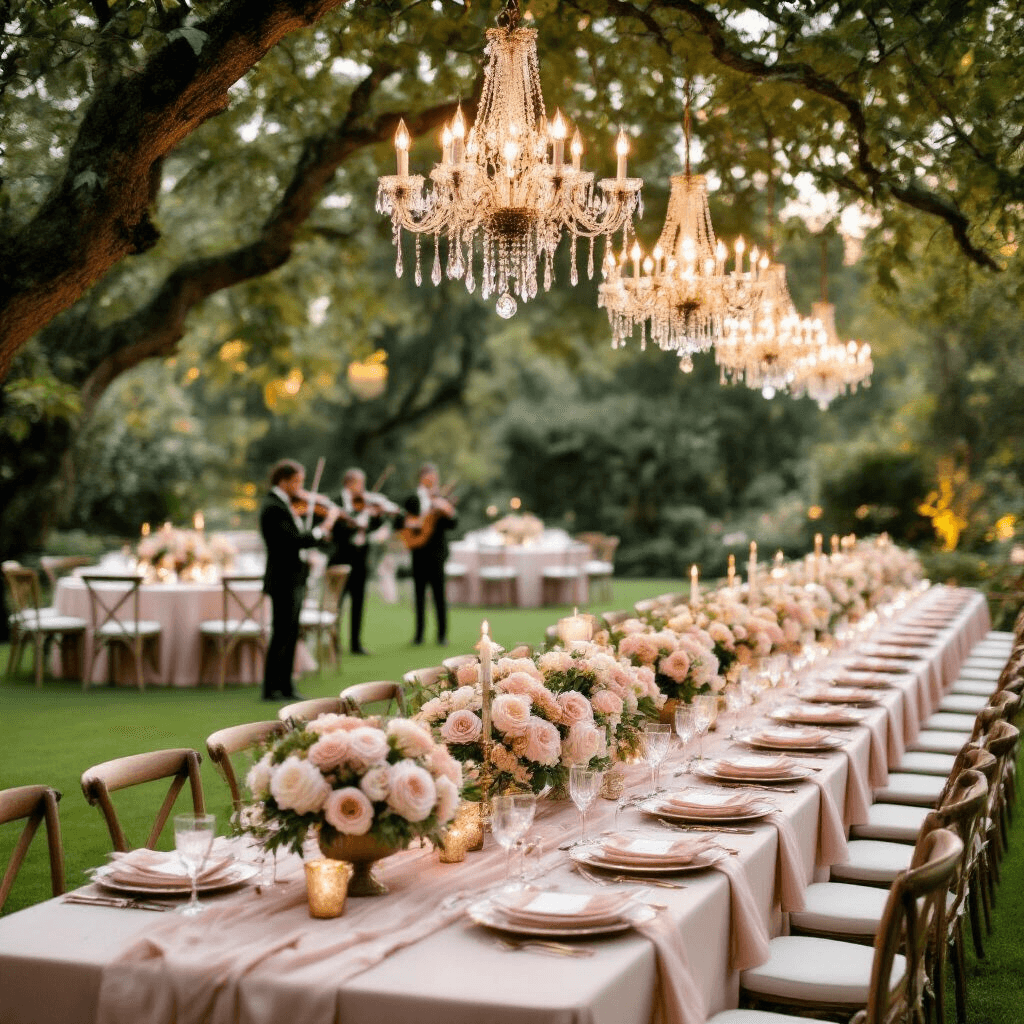 50+ Heartwarming Wedding Anniversary Wishes: Celebrate Love in Every Word A golden hour celebration in a lush garden, featuring banquet tables with blush pink and cream linens, crystal chandeliers, floral centerpieces of garden roses and peonies, and guests mingling on the lawn, captured from an elevated angle.