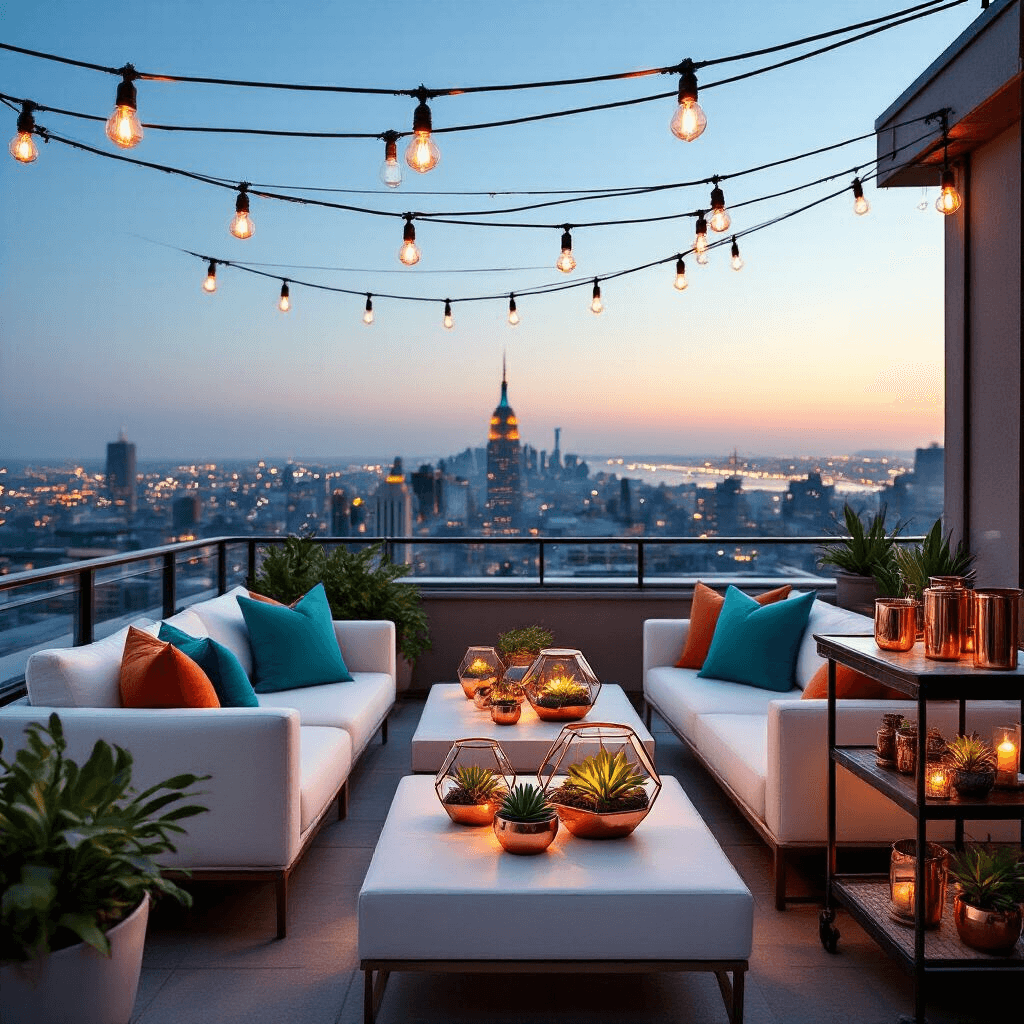 50+ Heartwarming Wedding Anniversary Wishes: Celebrate Love in Every Word A cozy rooftop terrace at twilight, featuring modern white lounge furniture with teal and copper pillows, geometric terrariums with plants, a stylish bar cart with cocktails, and illuminated by crisscrossed Edison bulbs against a twinkling cityscape.