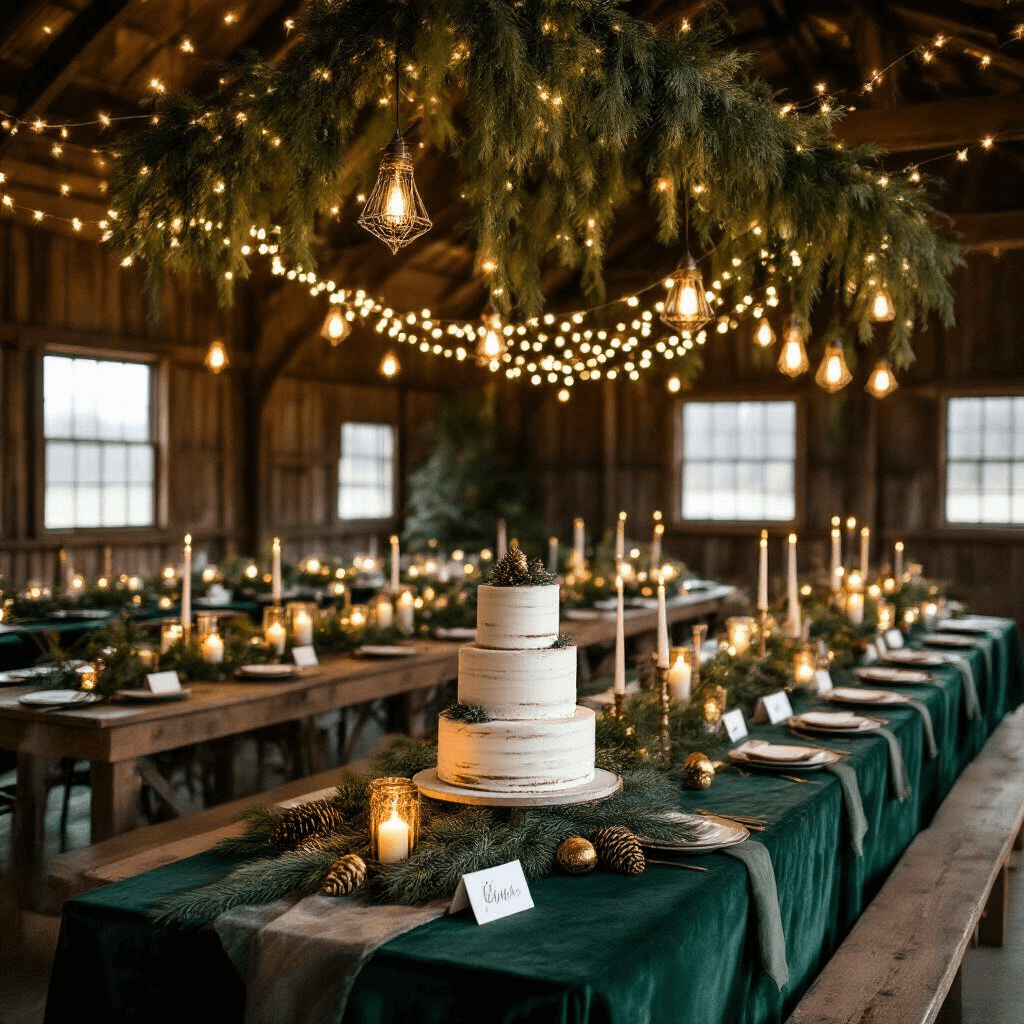 50+ Heartwarming Wedding Anniversary Wishes: Celebrate Love in Every Word A picturesque winter celebration in a rustic barn, featuring long farmhouse tables draped in deep green velvet with woodland-inspired centerpieces of pine boughs and birch logs, illuminated by glowing lanterns and twinkling fairy lights overhead, creating a magical atmosphere; a dessert table displays a tiered naked cake surrounded by pine cone place card holders and gilded acorns.