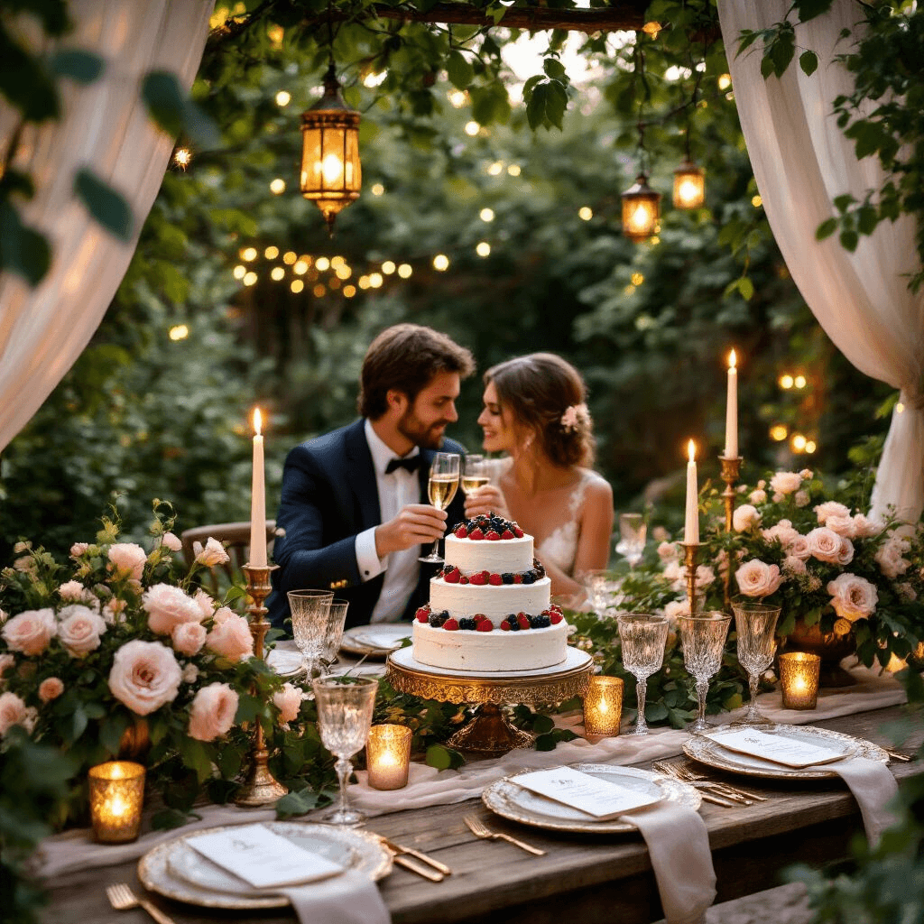 Anniversary Wishes for Your Husband: Heartfelt Messages to Celebrate Your Love A romantic candlelit anniversary dinner set in a backyard garden, featuring a rustic wooden table adorned with blush roses, vintage china, and a tiered naked cake, surrounded by twinkling fairy lights and flickering candlelight during golden hour.
