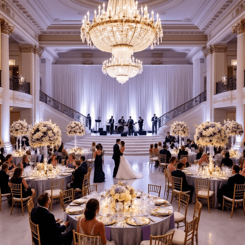 Anniversary Wishes for Your Husband: Heartfelt Messages to Celebrate Your Love An opulent anniversary ball in a grand ballroom features crystal chandeliers, round tables with silver linens and floral centerpieces, a marble staircase for couple portraits, ornate place settings, a live band on stage, and elegantly dressed guests dancing on a polished floor, with champagne towers and a dessert display in the background.