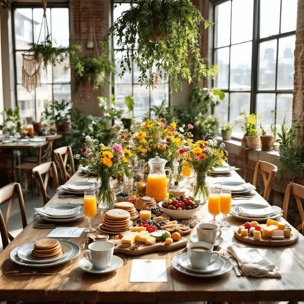 Anniversary Wishes for Your Husband: Heartfelt Messages to Celebrate Your Love A beautifully arranged anniversary brunch in a sunlit urban loft, featuring a long farmhouse table with mismatched vintage china, fresh wildflowers, a mimosa bar, stacks of fluffy pancakes, a grazing board of cheeses and fruits, and steaming mugs of coffee, all captured in an overhead flat lay.