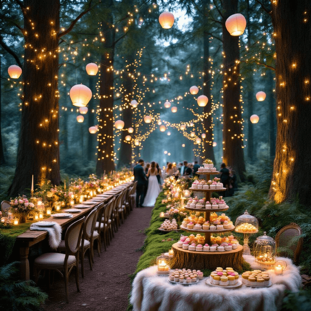 Anniversary Wishes for Your Husband: Heartfelt Messages to Celebrate Your Love An enchanted forest-themed anniversary party at twilight with twinkling lights, moss centerpieces, mismatched vintage chairs, a whimsical dessert cart, guests mingling near a fairy light backdrop, and a harpist playing softly.