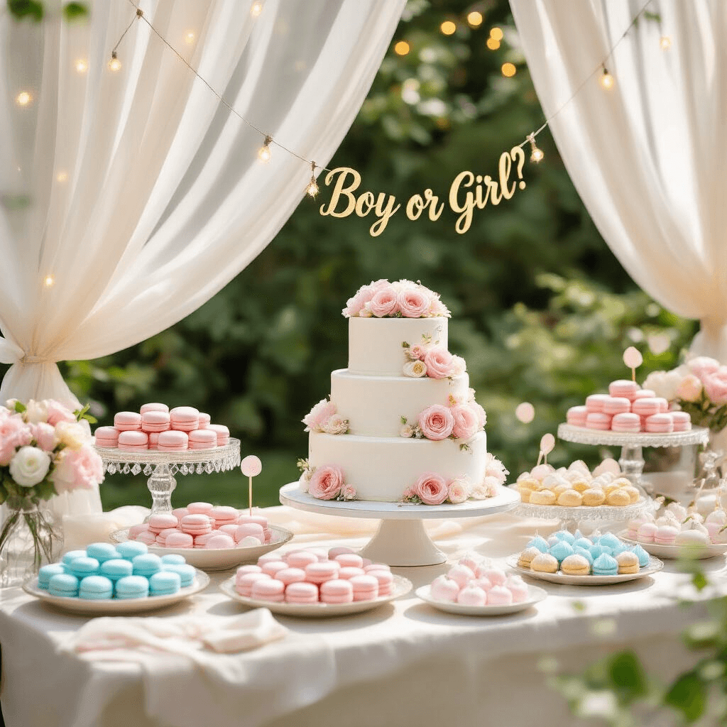 The Ultimate Guide to Creating a Stunning Gender Reveal Dessert Table: From Setup to Social Sharing An elegant gender reveal dessert table featuring a three-tiered white cake with pastel sugar flowers, surrounded by blush pink macarons, powder blue cake pops, and gold-dusted strawberries, with sheer ivory drapes, fairy lights, and a 'Boy or Girl?' banner in gold calligraphy.