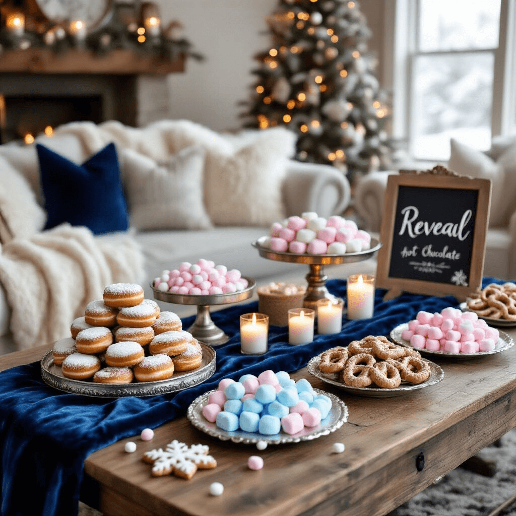 The Ultimate Guide to Creating a Stunning Gender Reveal Dessert Table: From Setup to Social Sharing A cozy winter gender reveal gathering in a rustic living room featuring a wooden table with a navy velvet runner, vintage trays of powdered donuts, chocolate pretzels, and marshmallow pops in blue and pink. A hot chocolate station with pink and blue marshmallows serves as the centerpiece, surrounded by twinkling candles. The setting includes knit blankets and faux fur pillows, with a hand-lettered chalkboard sign and snowflake cookies enhancing the seasonal theme.
