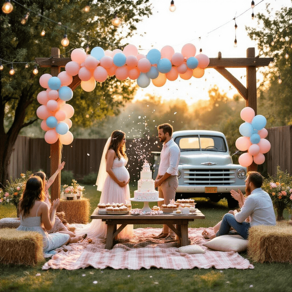 Capturing the Perfect Gender Reveal Party: A Comprehensive Guide A sunny backyard gender reveal party at golden hour, featuring a rustic wooden arch with pink and blue balloons, guests on picnic blankets and hay bales, a vintage truck dessert station, and confetti cannons exploding in a burst of color.