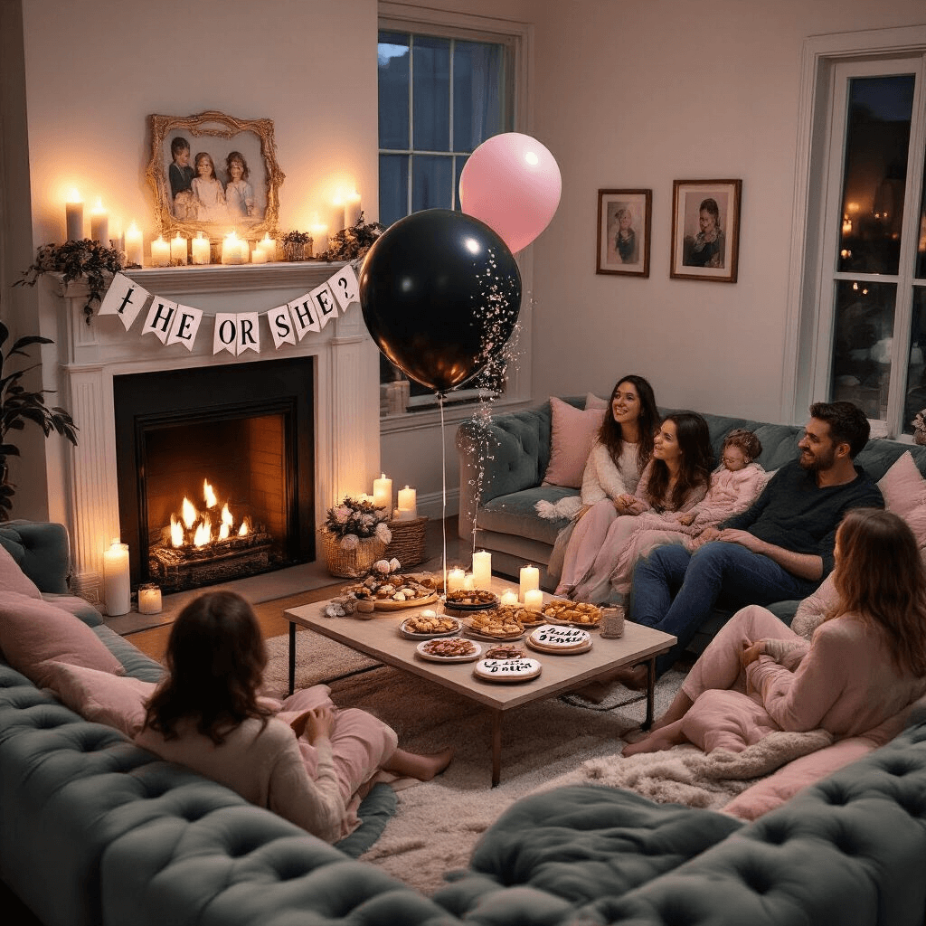 Capturing the Perfect Gender Reveal Party: A Comprehensive Guide A cozy twilight living room gender reveal party featuring a warm candlelit atmosphere, decorated with blush and sage green accents. An overhead view of the coffee table showcasing a charcuterie spread and personalized 'Team Boy' and 'Team Girl' cookies, with a large black balloon poised to be popped, surrounded by guests lounging on plush velvet sofas.