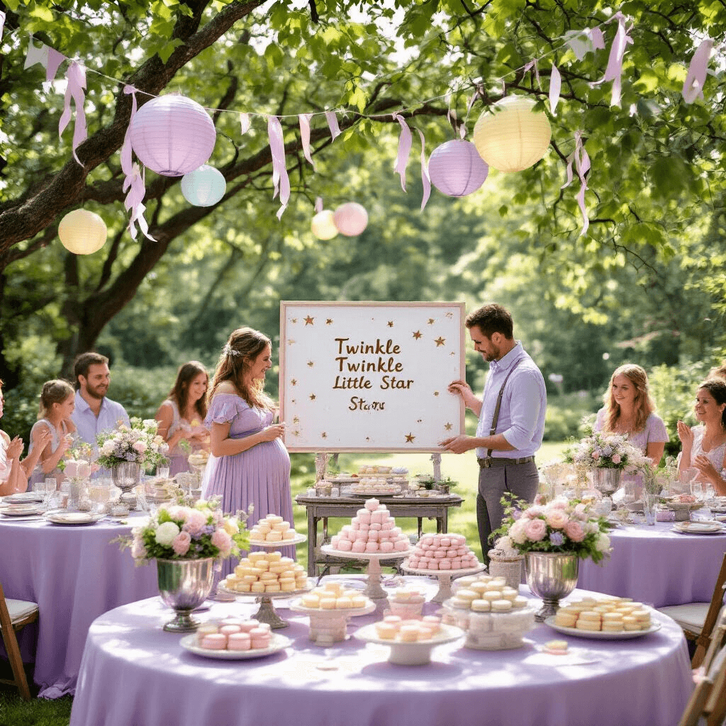 Capturing the Perfect Gender Reveal Party: A Comprehensive Guide A whimsical garden party gender reveal with pastel decorations, featuring round tables draped in lavender linens, floral centerpieces in silver urns, and a dessert cart filled with macarons and petit fours. Guests gather around a 'Twinkle Twinkle Little Star' themed reveal board as the parents-to-be prepare to scratch off the winning prediction, under dappled sunlight filtered through trees, with delicate paper lanterns and ribbon streamers swaying in the breeze.