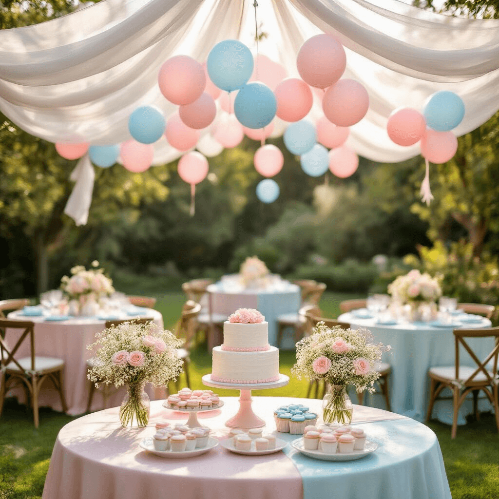 Ultimate Guide to Gender Reveal Invitations: Design, Delivery, and Delight A sunlit garden party for a gender reveal, featuring round tables with blush pink and powder blue linens, floral centerpieces, a canopy of white fabric with pink and blue balloons, and a dessert table with a tiered cake and pastel-colored treats, all illuminated by soft golden hour light.