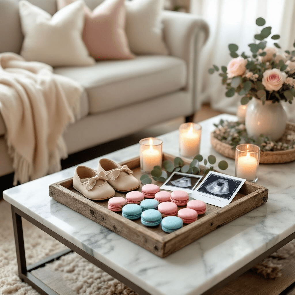Ultimate Guide to Gender Reveal Invitations: Design, Delivery, and Delight Cozy living room coffee table decorated for a gender reveal, featuring vintage baby shoes, ultrasound photos, eucalyptus, pink and blue macarons, and warm candlelight, with soft pillows and sheer curtains.