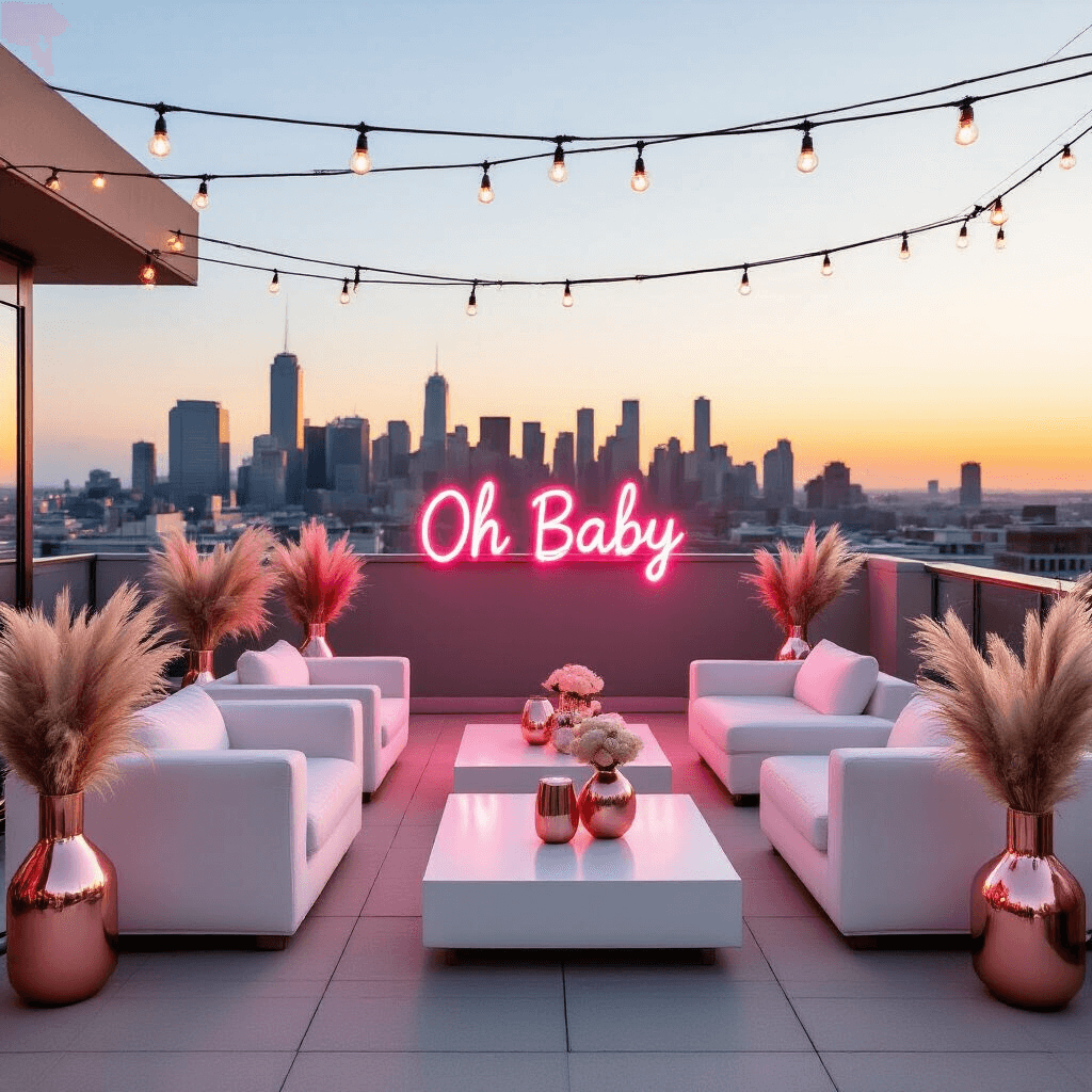 Ultimate Guide to Gender Reveal Invitations: Design, Delivery, and Delight A chic rooftop terrace set for a modern gender reveal party, featuring white lounge furniture, geometric vases with pampas grass, metallic balloon sculptures, a glowing 'Oh Baby' neon sign, and a backdrop of the city skyline with string lights.