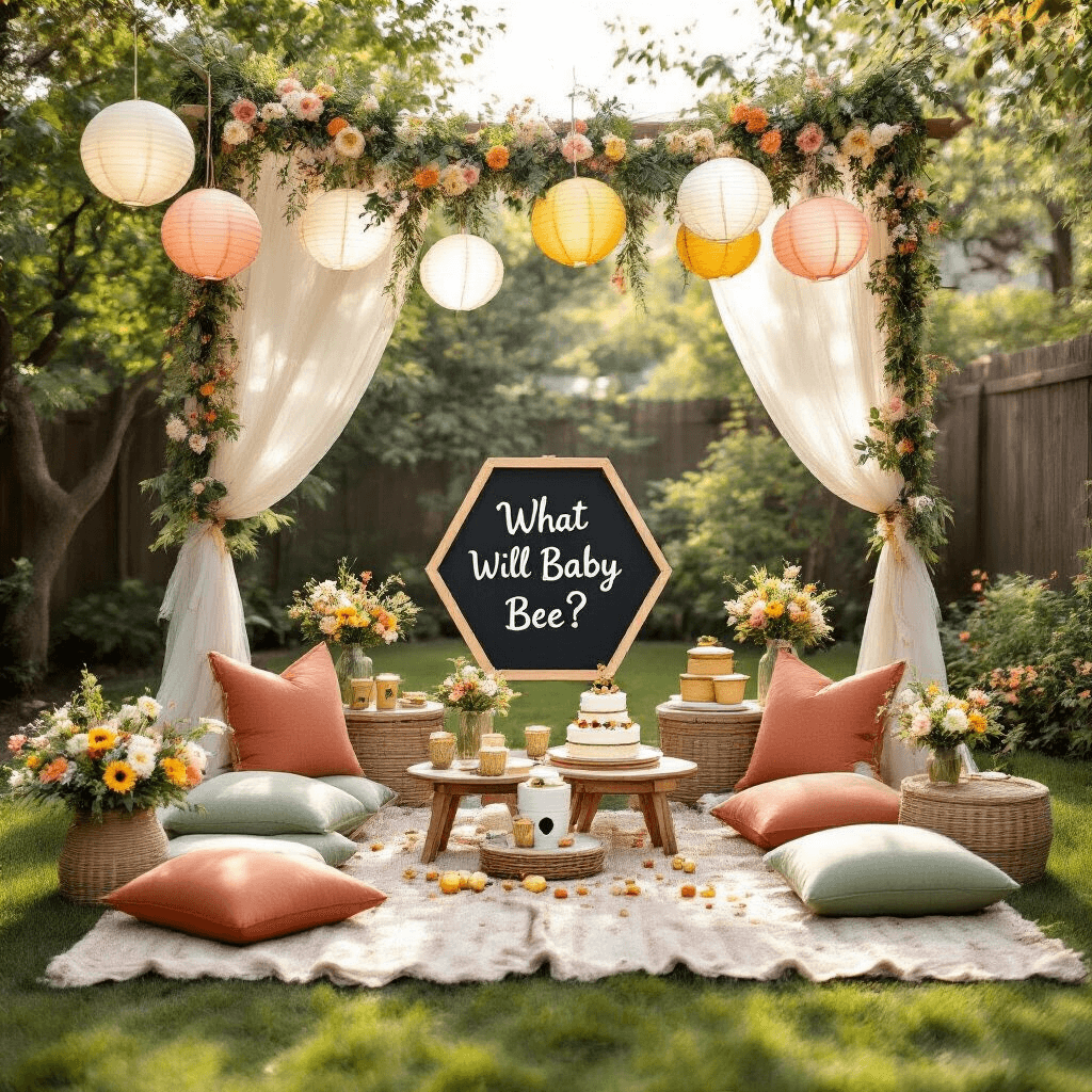 Ultimate Guide to Gender Reveal Invitations: Design, Delivery, and Delight A whimsical backyard gender reveal setup featuring low picnic tables and plush cushions in sage green and terracotta, adorned with paper lanterns and floral garlands. The 'What Will Baby Bee?' theme includes honey pot favors, bee-striped straws, and a hexagon chalkboard for votes, with wildflowers in mason jars and a naked cake topped with fresh berries, all illuminated by morning light.