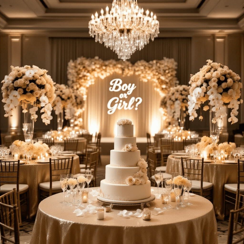 Ultimate Guide to Gender Reveal Invitations: Design, Delivery, and Delight An elegant ballroom decorated for a gender reveal celebration, featuring long tables with gold linens and tall floral centerpieces, crystal chandeliers, a 'Boy or Girl?' backdrop of paper flowers, and a dessert station with champagne glasses and a multi-tiered cake.