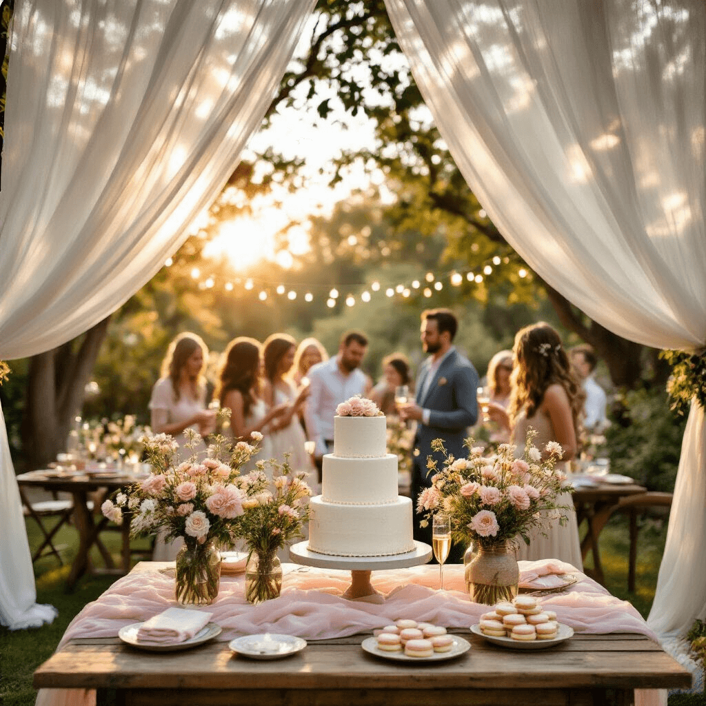 Boy or Girl? Ultimate Guide to Memorable Gender Reveals A beautifully decorated garden party for a gender reveal, featuring draped sheer white fabrics, rustic wooden tables with blush pink linens, wildflower centerpieces, a central dessert table with a tiered white cake, cupcakes, and macarons, all illuminated by twinkling fairy lights during golden hour. Guests are seen mingling with raised champagne flutes, evoking excitement and joy.