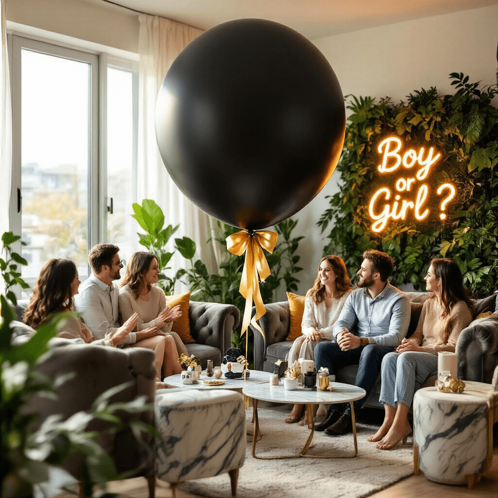 Boy or Girl? Ultimate Guide to Memorable Gender Reveals A cozy modern living room filled with soft morning light features a large matte black balloon with gold ribbon. An expectant couple sits on a plush velvet sofa, surrounded by family on mixed-matched armchairs, all eager for the reveal. A custom neon sign reads 'Boy or Girl?' while marbled side tables display personalized party favors and a Polaroid camera. Lush greenery forms a vibrant backdrop, creating an atmosphere of joyful suspense.